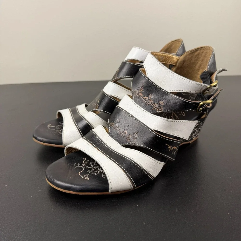 Elite by Corkys Wedge Sandals Women's 10 Black White Tooled Leather Career Dress